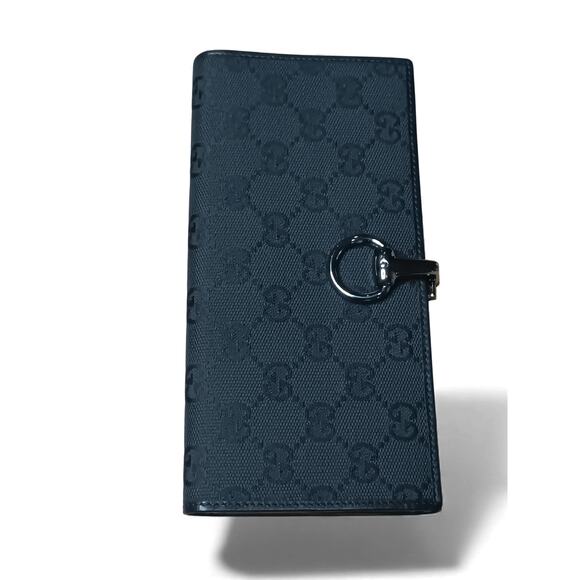 Authentic Gucci GG Canvas Long Wallet Silver Horsebit Leather Black Zip Interior - Picture 6 of 16